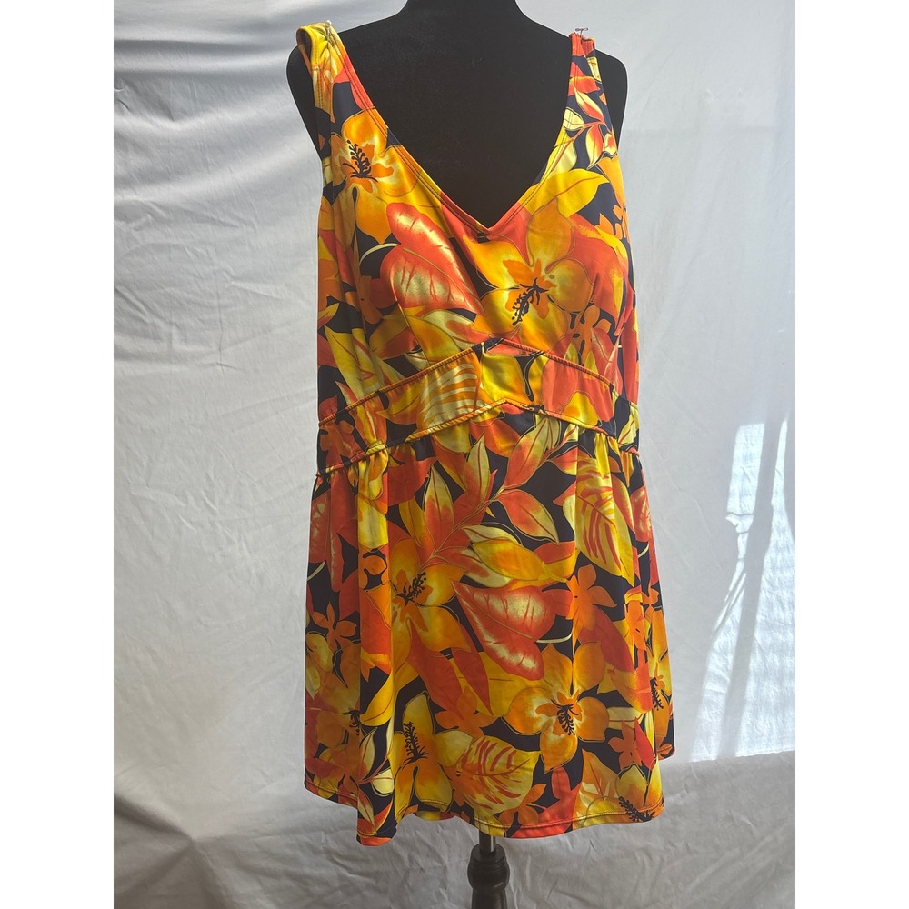 Roamans Women Orange Tropical Floral V-Neck Empire Waist‎ Swim Dress Plus Size